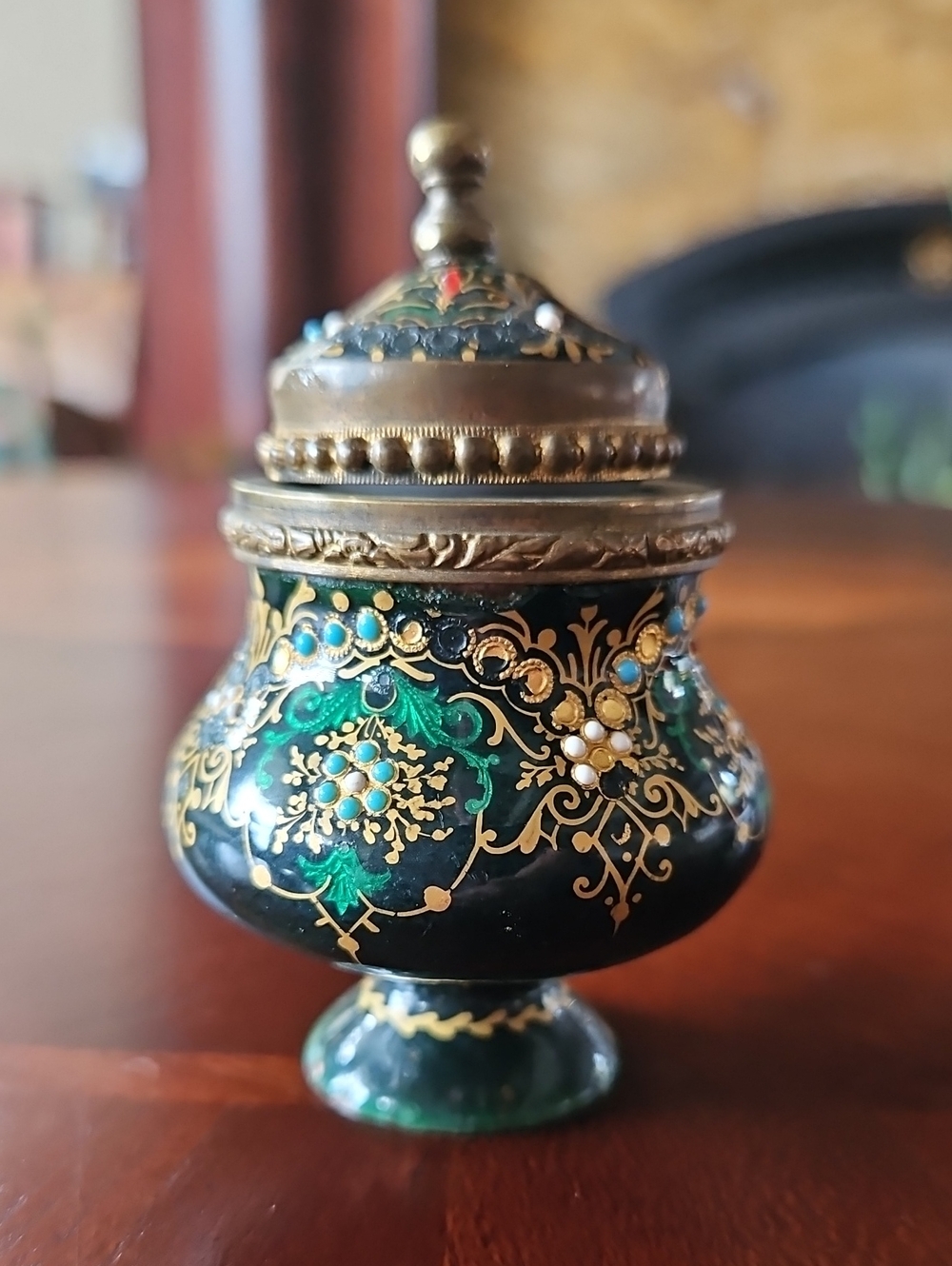Rare Antique French Enameled Brass Inkwell with Porcelain Insert